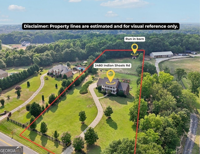 3480 Indian Shoals Rd, Dacula, GA 30019 - aerial view of property and surrounding area featuring property boundaries highlighted