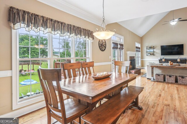 3480 Indian Shoals Rd, Dacula, GA 30019 - dining area featuring light wood-type flooring, ceiling fan, lofted ceiling, baseboards, and a fireplace