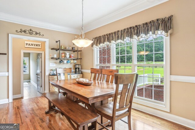 3480 Indian Shoals Rd, Dacula, GA 30019 - dining area with ornamental molding, plenty of natural light, baseboards, and wood finished floors