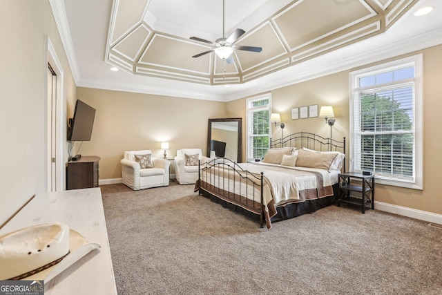 3480 Indian Shoals Rd, Dacula, GA 30019 - carpeted bedroom featuring crown molding, coffered ceiling, baseboards, a ceiling fan, and recessed lighting