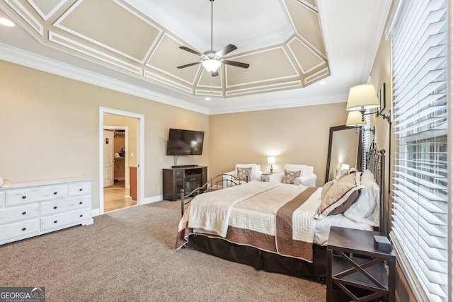 3480 Indian Shoals Rd, Dacula, GA 30019 - bedroom with coffered ceiling, carpet flooring, crown molding, recessed lighting, and baseboards