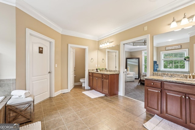 3480 Indian Shoals Rd, Dacula, GA 30019 - bathroom featuring ornamental molding, tile patterned flooring, and vanity