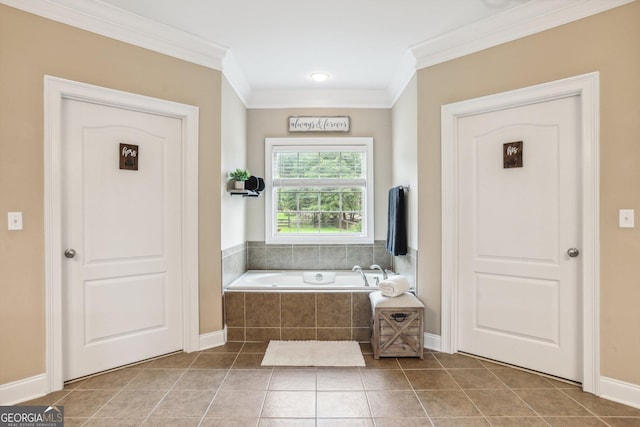 3480 Indian Shoals Rd, Dacula, GA 30019 - bathroom with tile patterned flooring, a garden tub, and crown molding