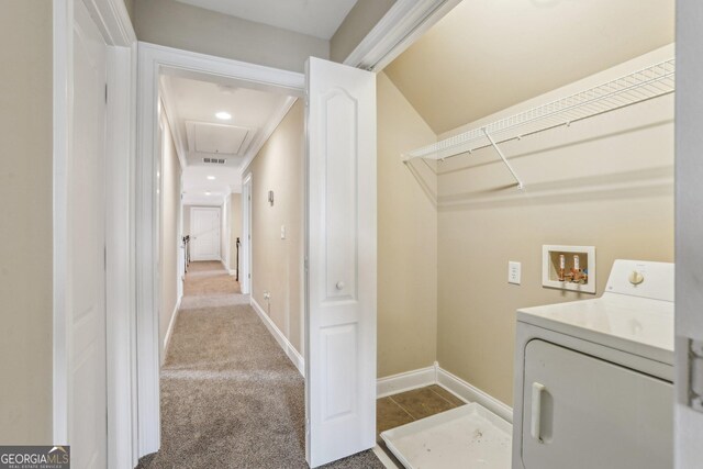 3480 Indian Shoals Rd, Dacula, GA 30019 - laundry area featuring washer / clothes dryer, attic access, carpet flooring, and baseboards