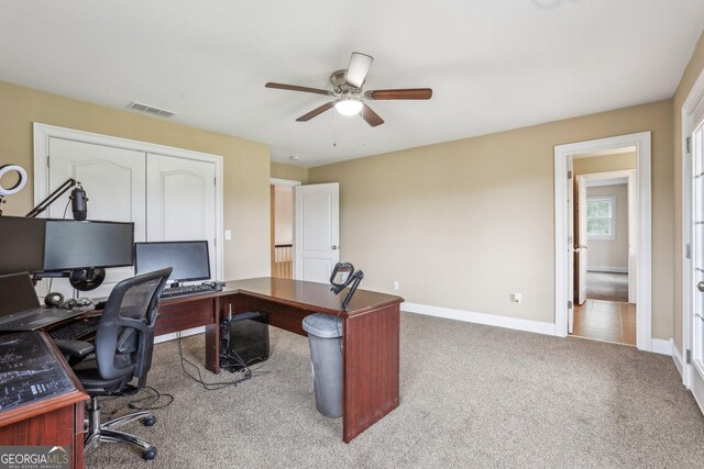 3480 Indian Shoals Rd, Dacula, GA 30019 - carpeted home office with ceiling fan and baseboards