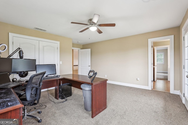 3480 Indian Shoals Rd, Dacula, GA 30019 - home office featuring ceiling fan and carpet flooring