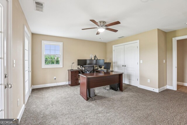 3480 Indian Shoals Rd, Dacula, GA 30019 - office area featuring carpet flooring, baseboards, and a ceiling fan