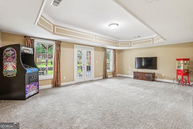 3480 Indian Shoals Rd, Dacula, GA 30019 - game room featuring a tray ceiling, french doors, carpet floors, ornamental molding, and baseboards