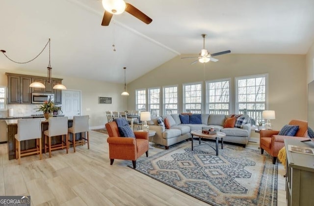 243 Degroff Ln, Rabun Gap, GA 30568 - living area with a ceiling fan, lofted ceiling, and light wood-type flooring