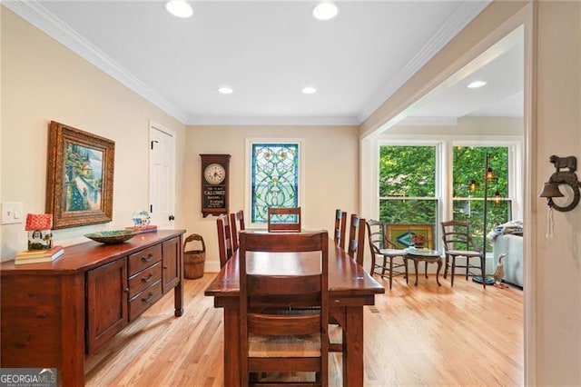226 Nacoochee Dr, Woodstock, GA 30188 - dining room featuring light wood-style floors, recessed lighting, and ornamental molding
