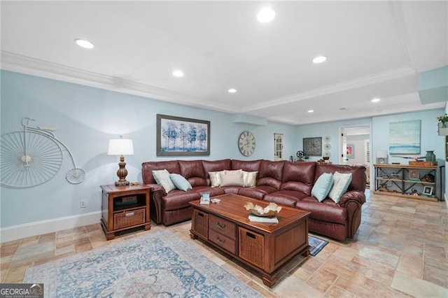 226 Nacoochee Dr, Woodstock, GA 30188 - living room with crown molding, recessed lighting, and light stone finish floors