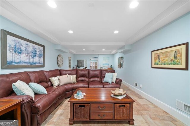 226 Nacoochee Dr, Woodstock, GA 30188 - living room with ornamental molding, recessed lighting, and light stone finish flooring