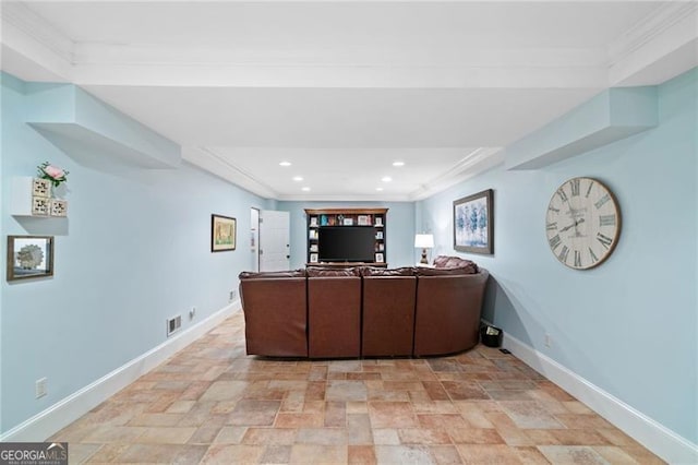 226 Nacoochee Dr, Woodstock, GA 30188 - living room with ornamental molding, light stone finish flooring, and recessed lighting