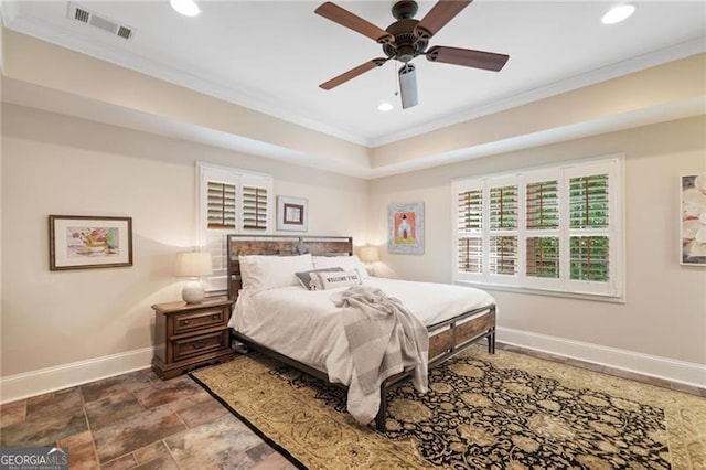 226 Nacoochee Dr, Woodstock, GA 30188 - bedroom with ornamental molding, recessed lighting, stone finish floors, and ceiling fan