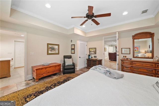 226 Nacoochee Dr, Woodstock, GA 30188 - bedroom featuring a raised ceiling, recessed lighting, ornamental molding, light tile patterned floors, and ceiling fan