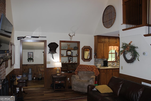 2879 Mcmillan Jernigan, Enigma, GA 31749 - living room with wainscoting, dark wood-style floors, and high vaulted ceiling