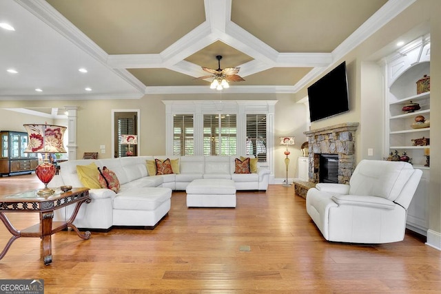 2450 Weber Heights Way, Buford, GA 30519 - living room with crown molding, coffered ceiling, a fireplace, recessed lighting, and light wood finished floors