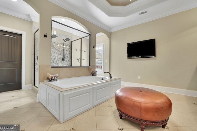 2450 Weber Heights Way, Buford, GA 30519 - full bathroom featuring a shower stall, a bath, ornamental molding, and tile patterned flooring