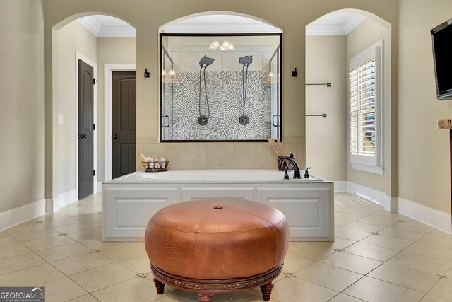 2450 Weber Heights Way, Buford, GA 30519 - bathroom with crown molding, a garden tub, tile patterned floors, and a stall shower