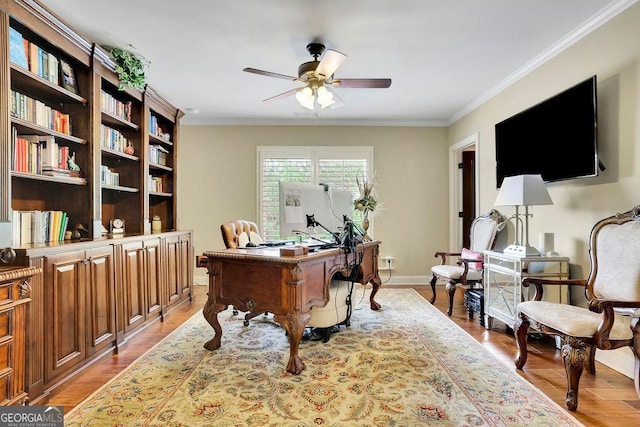 2450 Weber Heights Way, Buford, GA 30519 - office space featuring ceiling fan, crown molding, light wood-style floors, and baseboards
