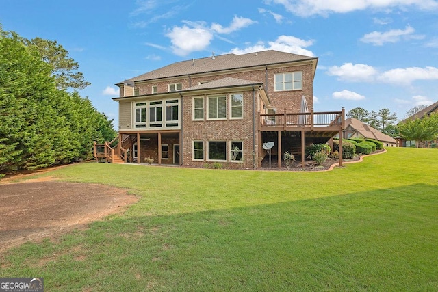 2450 Weber Heights Way, Buford, GA 30519 - back of house with stairway, a deck, brick siding, and a lawn