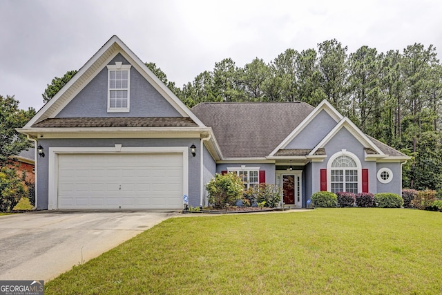 231 Yardsley Dr, Mcdonough, GA 30253 - traditional-style home featuring driveway, a front lawn, an attached garage, stucco siding, and roof with shingles