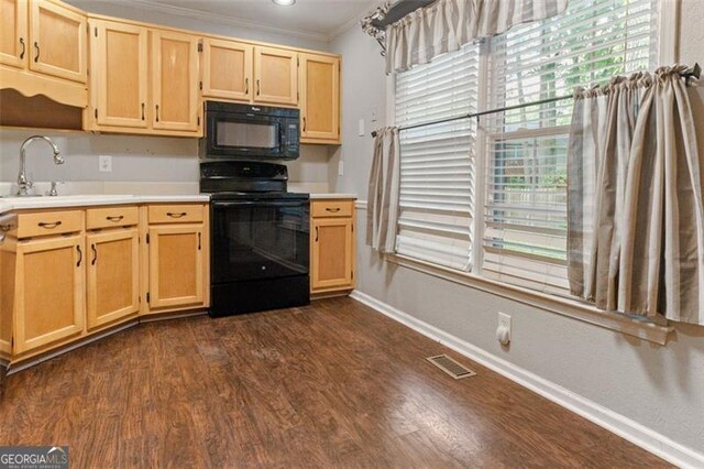 233 Oakridge Dr, Cartersville, GA 30121 - kitchen featuring black appliances, light countertops, ornamental molding, light brown cabinets, and a sink