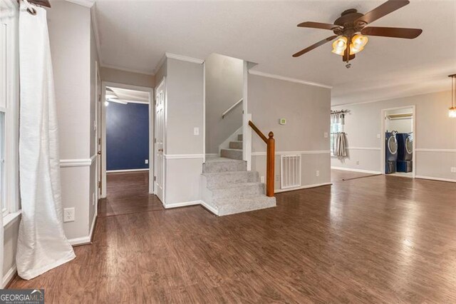 233 Oakridge Dr, Cartersville, GA 30121 - unfurnished living room featuring ceiling fan, wood finished floors, ornamental molding, stairs, and baseboards