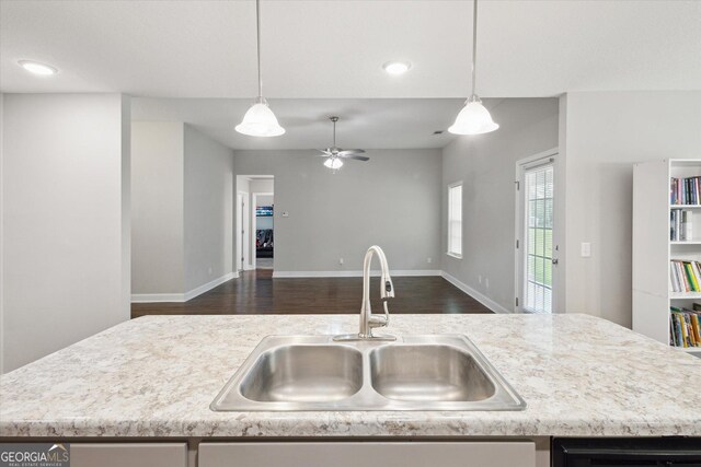 178 Stonebrook Way, Statesboro, GA 30458 - kitchen with a sink, open floor plan, dark wood finished floors, a ceiling fan, and recessed lighting