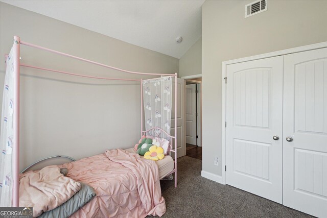 178 Stonebrook Way, Statesboro, GA 30458 - bedroom featuring dark carpet, a closet, and high vaulted ceiling
