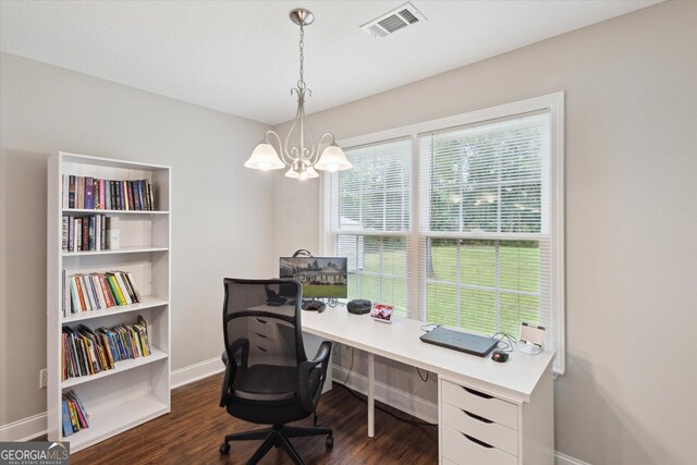 178 Stonebrook Way, Statesboro, GA 30458 - office area featuring baseboards, a chandelier, and dark wood finished floors