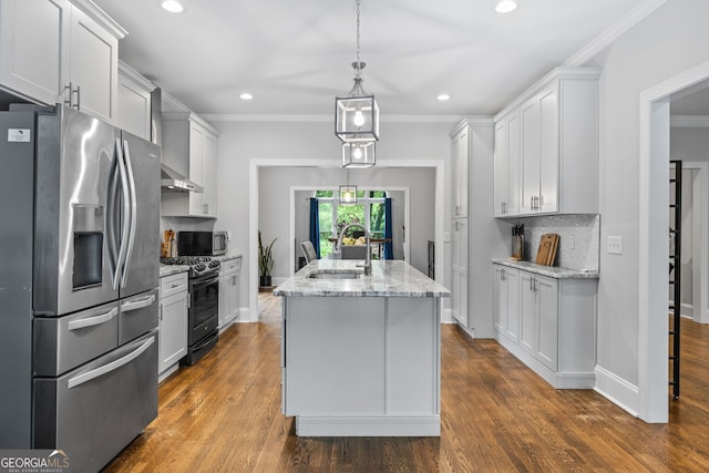 1010 Longcreek Pointe Pointe, Alpharetta, GA 30005 - kitchen featuring appliances with stainless steel finishes, a sink, decorative backsplash, crown molding, and light stone counters