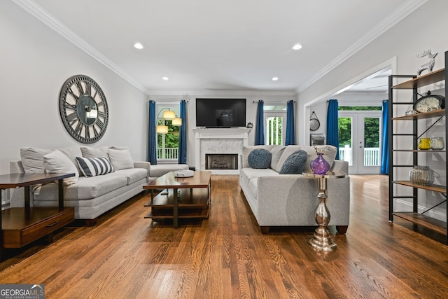 1010 Longcreek Pointe Pointe, Alpharetta, GA 30005 - living room with a high end fireplace, wood finished floors, ornamental molding, recessed lighting, and french doors