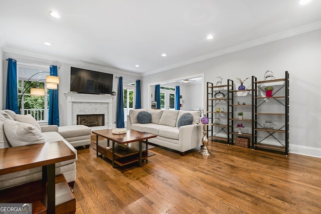 1010 Longcreek Pointe Pointe, Alpharetta, GA 30005 - living area with ornamental molding, a premium fireplace, wood finished floors, baseboards, and recessed lighting