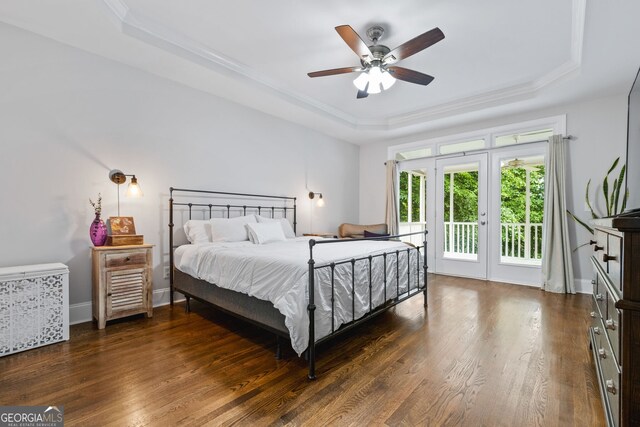 1010 Longcreek Pointe Pointe, Alpharetta, GA 30005 - bedroom with a tray ceiling, access to exterior, wood finished floors, ornamental molding, and baseboards