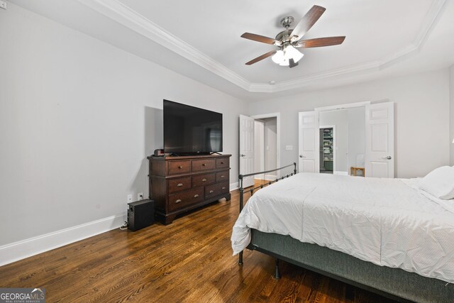 1010 Longcreek Pointe Pointe, Alpharetta, GA 30005 - bedroom featuring a tray ceiling, dark wood-type flooring, crown molding, baseboards, and ceiling fan