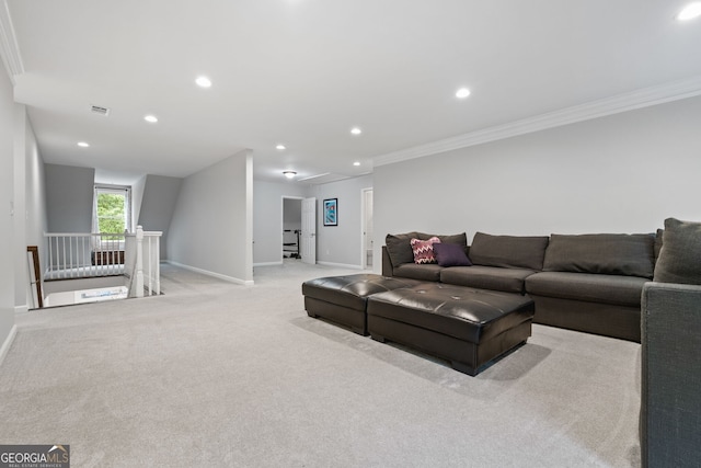 1010 Longcreek Pointe Pointe, Alpharetta, GA 30005 - living area with ornamental molding, baseboards, light colored carpet, and recessed lighting