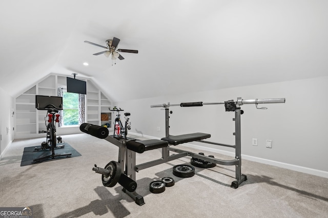 1010 Longcreek Pointe Pointe, Alpharetta, GA 30005 - workout room featuring lofted ceiling, baseboards, carpet flooring, and a ceiling fan