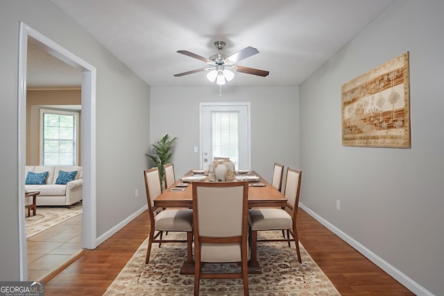 1214 Tyne Way, Stone Mountain, GA 30088 - dining room featuring wood finished floors, ceiling fan, and baseboards
