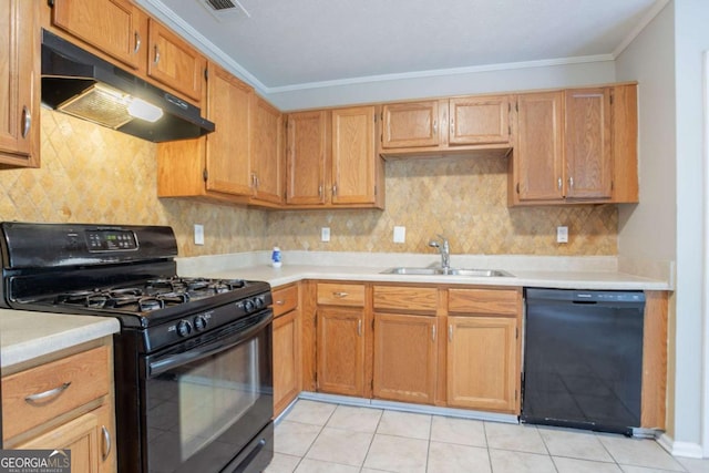 1214 Tyne Way, Stone Mountain, GA 30088 - kitchen featuring black appliances, under cabinet range hood, a sink, crown molding, and light countertops