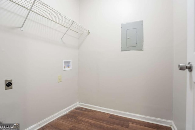 1214 Tyne Way, Stone Mountain, GA 30088 - laundry room with electric panel, electric dryer hookup, hookup for a washing machine, baseboards, and dark wood finished floors