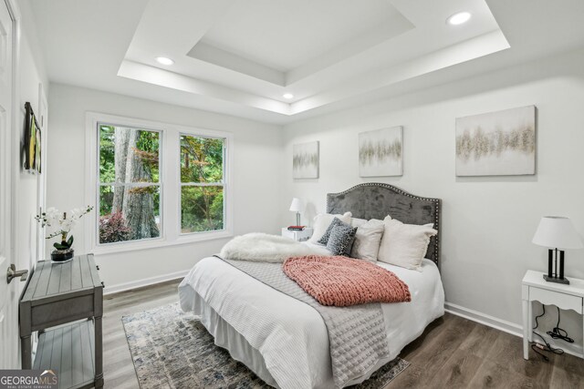 2485 Hillside Ave, Decatur, GA 30032 - bedroom with a tray ceiling, baseboards, recessed lighting, and wood finished floors