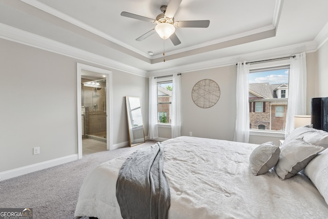 4012 Townsend Ln, Dunwoody, GA 30346 - carpeted bedroom featuring a tray ceiling, crown molding, ceiling fan, and ensuite bathroom