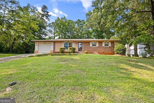 1594 Pine Glen Cir, Decatur, GA 30035 - ranch-style home featuring dirt driveway, an attached garage, a front yard, and brick siding