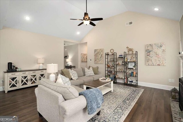 255 Solihull Ln, Athens, GA 30605 - living area featuring ceiling fan, high vaulted ceiling, dark wood-style flooring, baseboards, and recessed lighting