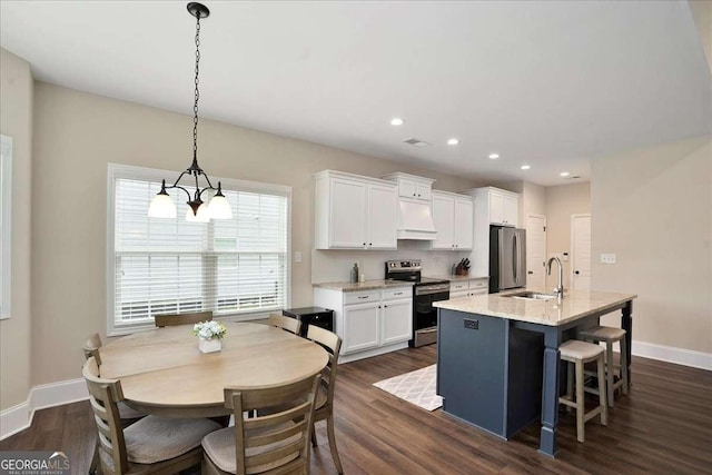 255 Solihull Ln, Athens, GA 30605 - kitchen featuring stainless steel appliances, custom exhaust hood, a sink, baseboards, and dark wood finished floors