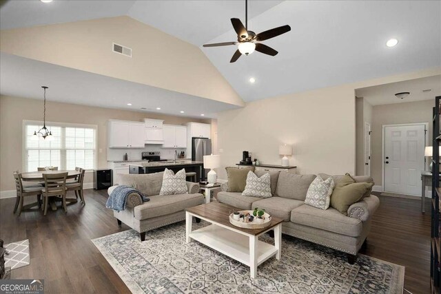 255 Solihull Ln, Athens, GA 30605 - living area with ceiling fan, high vaulted ceiling, dark wood-style flooring, baseboards, and recessed lighting