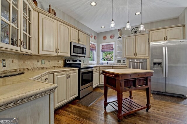 312 Sterling Rd, Jasper, GA 30143 - kitchen featuring stainless steel appliances, light countertops, dark wood finished floors, glass insert cabinets, and pendant lighting