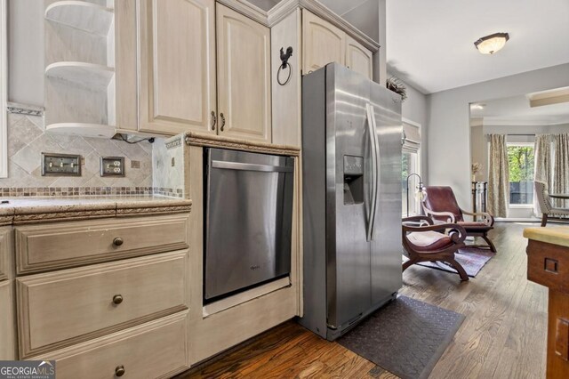 312 Sterling Rd, Jasper, GA 30143 - kitchen with stainless steel fridge, dark wood-style floors, light countertops, decorative backsplash, and open shelves