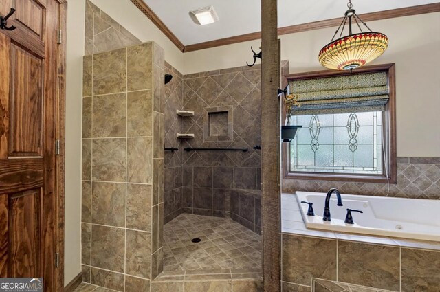 312 Sterling Rd, Jasper, GA 30143 - bathroom with a tub with jets, tiled shower, and crown molding